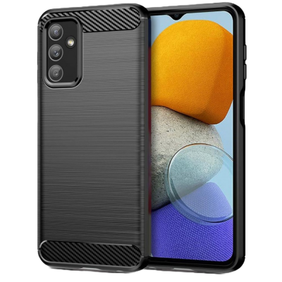 Smartphone com capa protetora preta e ecrã com formas coloridas
