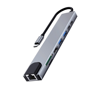 Hub USB tipo C metálico cinzento com várias portas e cabo curto preto