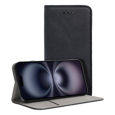 Capa carteira preta para smartphone com suporte e interior cinzento