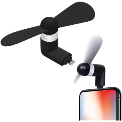 Ventoinha portátil preta com conexão USB em telemóvel