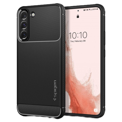 Capa protetora preta para smartphone Spigen com textura rugosa e detalhes lisos