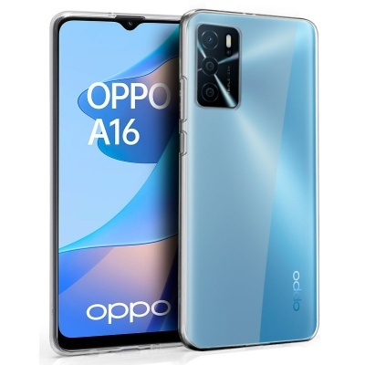 Smartphone OPPO A16 azul claro com ecrã e traseira visíveis, mostrando câmaras e texto OPPO A16