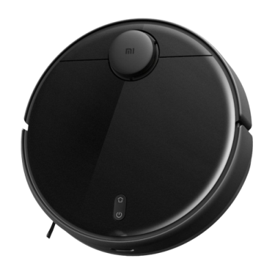 Aspirador robô preto redondo com botão circular e ícones frontais