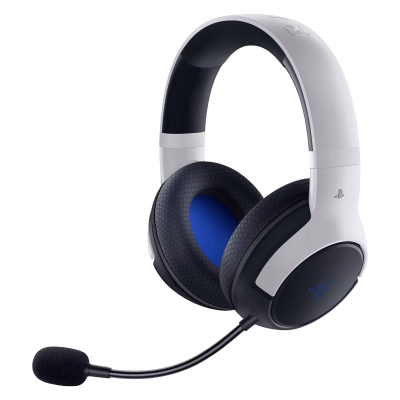 Auscultadores gaming preto e branco com microfone e interior azul.