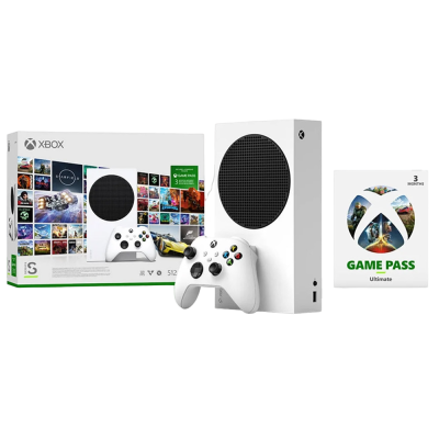 Conjunto Xbox Series S branco com comando, consola e cartão Game Pass Ultimate 3 meses