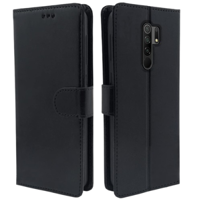 Capa preta de couro para telemóvel com fecho de aba magnética