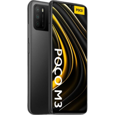 Smartphone POCO M3 preto com ecrã e texto visível.