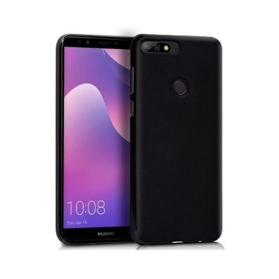 Smartphone Huawei com capa preta fosca e ecrã a mostrar data e hora