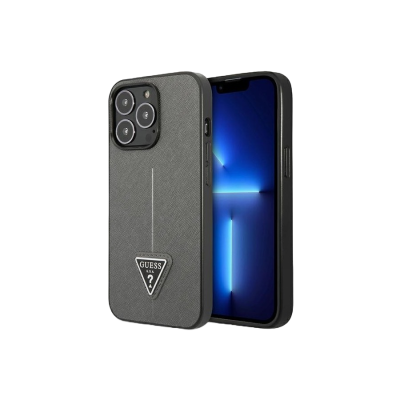 Capa preta para smartphone com logótipo GUESS e smartphone com ecrã azul