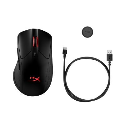 Rato de computador HyperX negro com acessórios USB e receptor wireless.