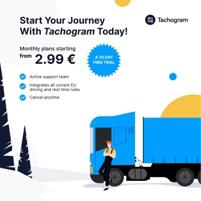 Promoção digital com camião azul e texto em inglês sobre planos mensais e oferta de 30 dias grátis