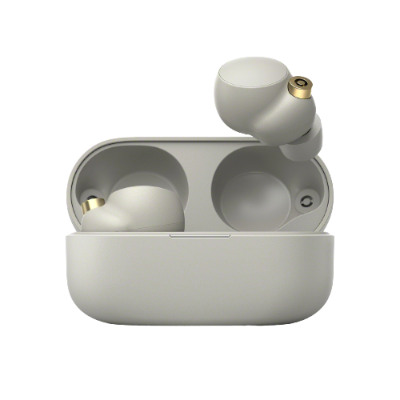 Auriculares sem fios brancos com estojo aberto