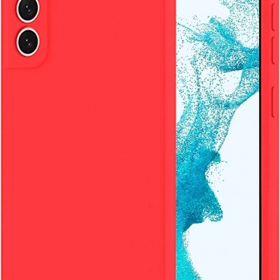 Telefone com capa protetora de silicone vermelha e ecrã com imagem azul abstrata