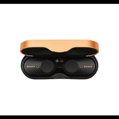 Fones de ouvido sem fios Sony em estojo de carregamento preto com tampa laranja