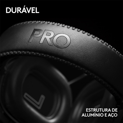 Headphones pretos com texto PRO e letras L visíveis, fundo preto com texto DURÁVEL e estrutura de alumínio e aço.