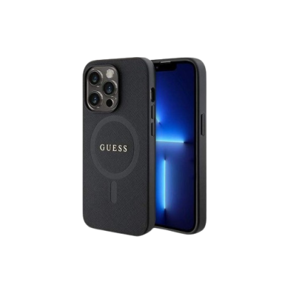 Capa preta para smartphone marca GUESS com textura e detalhe circular