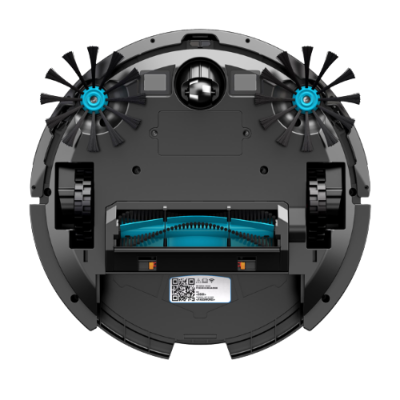 Robô aspirador de pó preto com escovas azuis e pretas visto por baixo