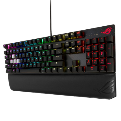 Teclado mecânico gaming preto com luzes RGB e descanso de pulso acolchoado