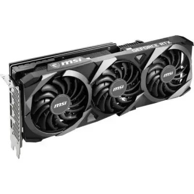 Placa gráfica MSI GeForce RTX com três ventoinhas e detalhes em preto e cinza