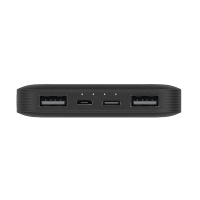 Carregador portátil preto com várias portas USB e luzes LED