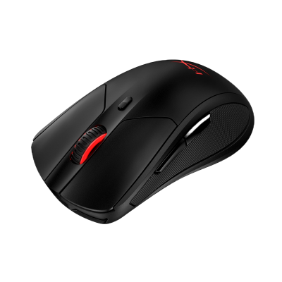 Rato de computador preto com detalhes vermelhos e botões laterais