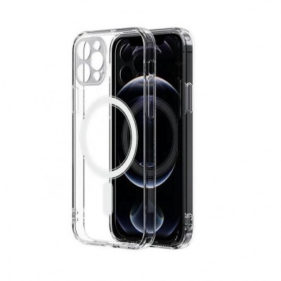 Capa transparente para smartphone com recorte circular branco no centro.