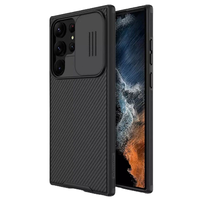 Capa preta texturizada para smartphone com proteção nas câmaras e telemóvel com ecrã ligado