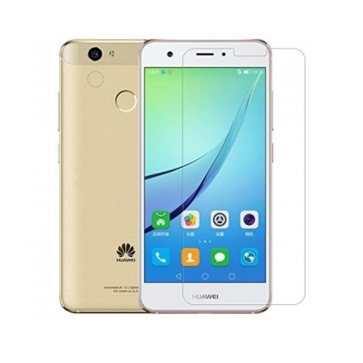 Smartphone Huawei dourado com película protetora transparente.