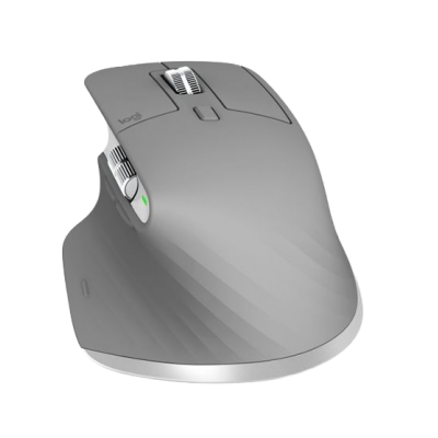 Rato de computador ergonómico cinzento com botões e roda metálica