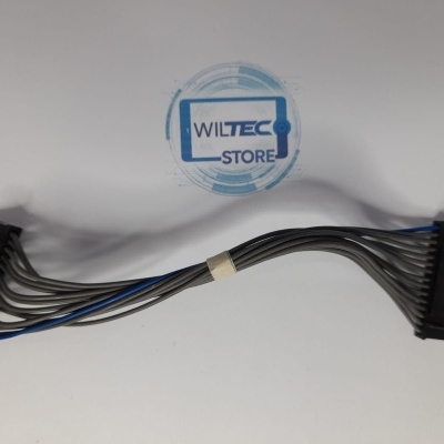 Cabo adaptador com fios pretos e azuis e conetores em fundo branco com logótipo WILTEC STORE