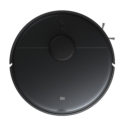 Aspirador robot preto circular com logo 'mi'