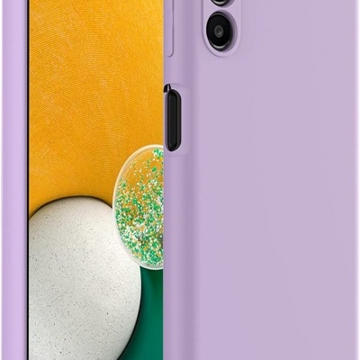 Smartphone com capa protetora lilás e ecrã com fundo amarelo e formas arredondadas.