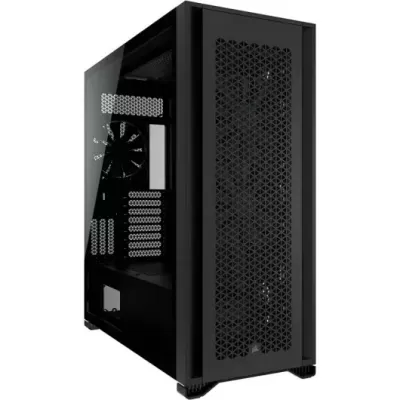 Caixa de computador preta com painel frontal perfurado e vidro lateral