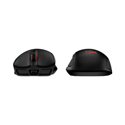 Dois ratos gaming sem fios pretos com detalhes vermelhos