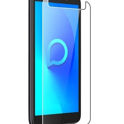 Smartphone preto com ecrã azul e película protetora transparente