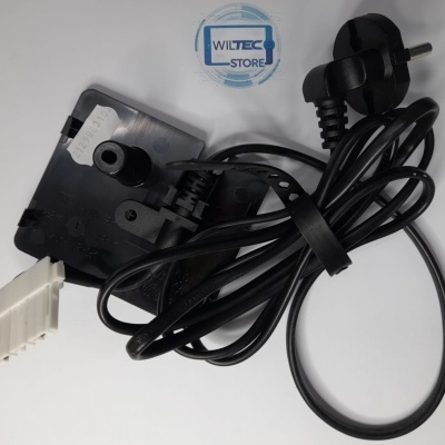 Produto eletrónico preto com cabo elétrico e ficha de tomada