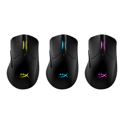 Três ratos de computador HyperX com luzes coloridas