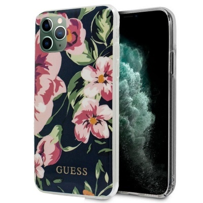Capa de telemóvel GUESS com padrão floral colorido e fundo azul escuro