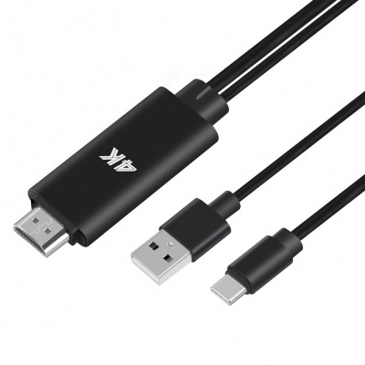 Cabo preto com conectores HDMI, USB tipo A e USB tipo C