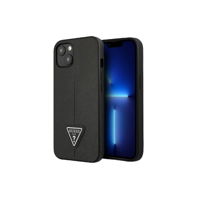 Capa preta para smartphone com logo GUESS triangular e textura fina