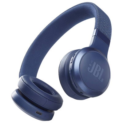 Auscultadores Bluetooth JBL azul escuro com almofadas acolchoadas e banda em tecido.