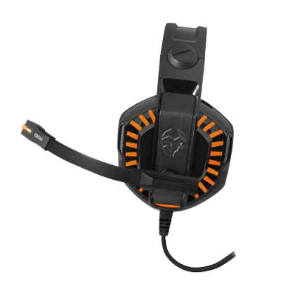 Auricular gaming preto com detalhes laranja e microfone flexível