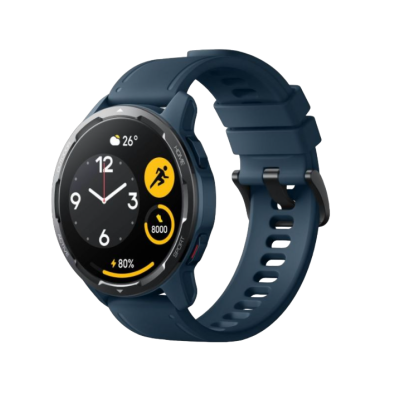 Relógio inteligente azul escuro com mostrador digital e bracelete em silicone