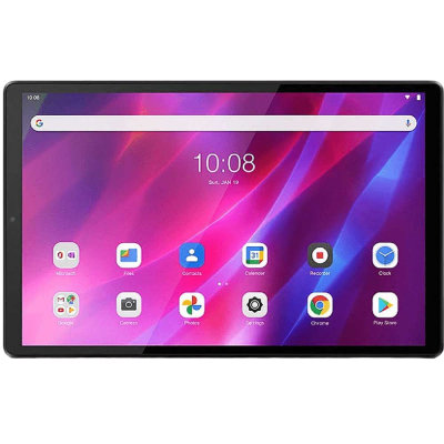 Tablet com ecrã tátil e moldura preta mostrando várias aplicações no ecrã.