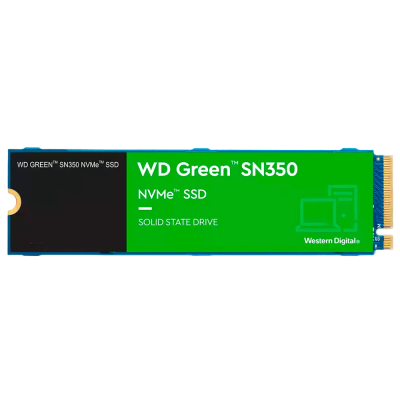 SSD WD Green SN350 NVMe com etiqueta verde e preta