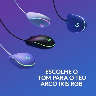 Quatro ratos gaming com luzes RGB e texto promocional em português