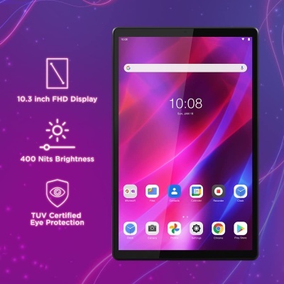 Tablet preto com ecrã 10.3 inch FHD e texto sobre brilho e proteção ocular