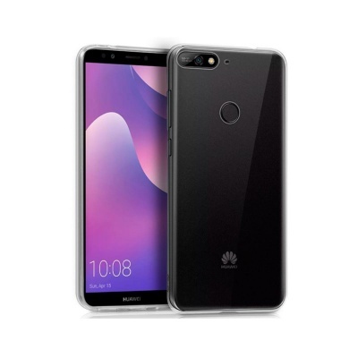 Smartphone Huawei preto com ecrã e capa transparente