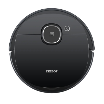 Robô aspirador DEEBOT preto redondo com botões no topo