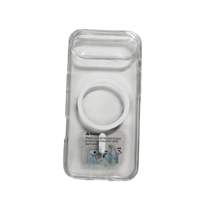 Capa protetora transparente para telemóvel com anel branco e instruções impressas